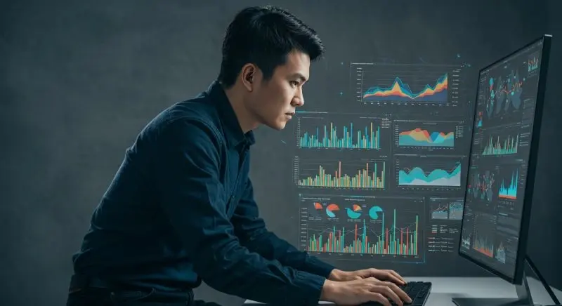 A man in black shirt sitting in dark office room and looking at the computer with colorful charts