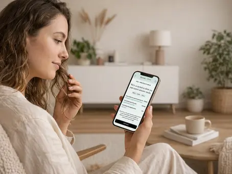 A woman is taking Function of Beauty's quiz using her mobile phone,