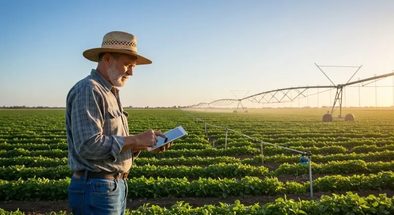 Man in a straw hat uses a tablet in a sunny green field with irrigation systems. Blue sky and open landscape create a serene farming scene.