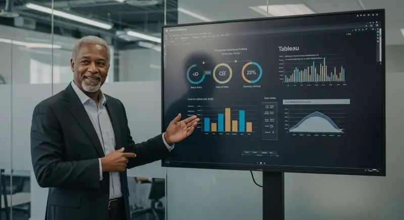 Presenter explaining big data analytics tools and insights.