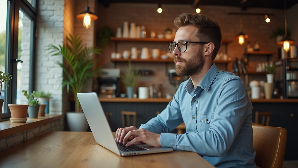 Eye-level view of a small business owner using a laptop in a cozy local café