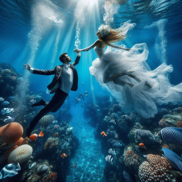 Underwater wedding couple floating. whimsical.