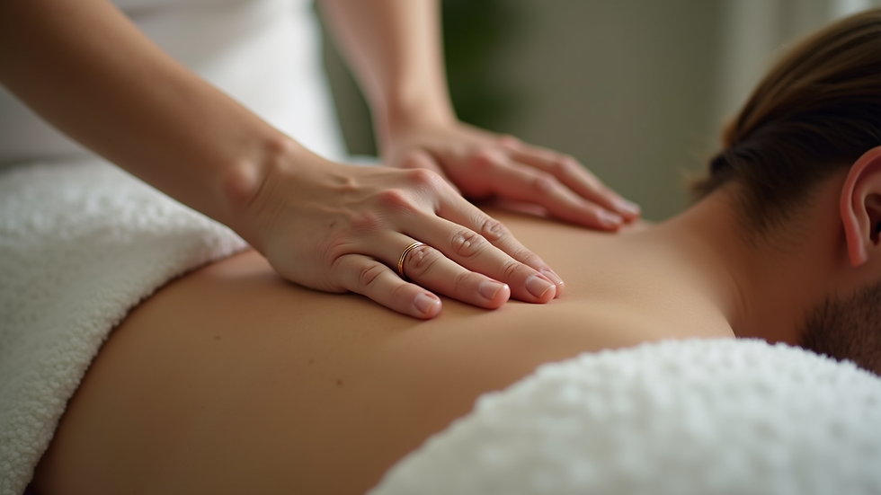 Close-up view of a massage therapist applying pressure on a client's back