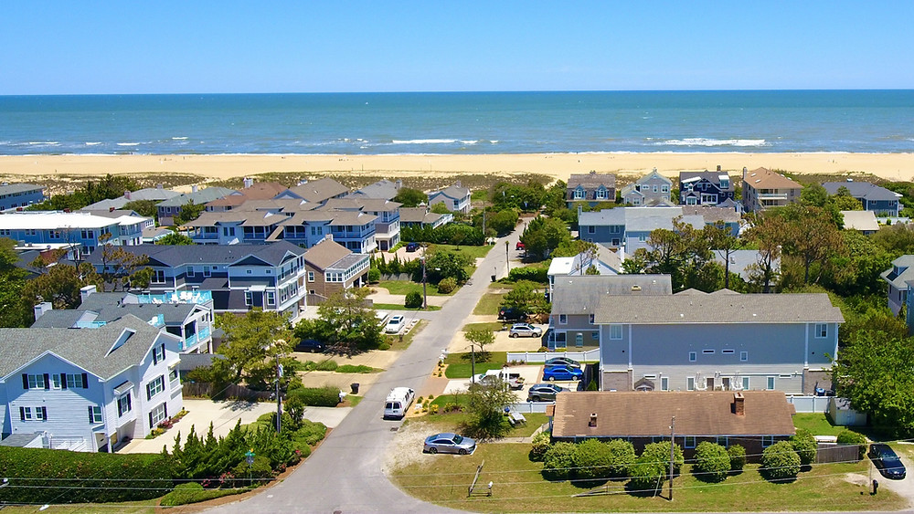 Ariel view of the North End neighborhood, beach, and Atlantic Ocean.
