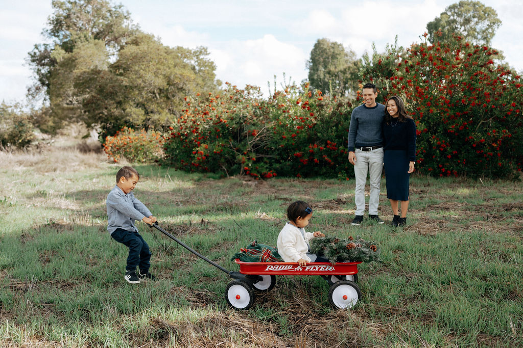 boy pulling a girl in a radio flyer wagon and a Christmas wreath while mom and dad standing watching them