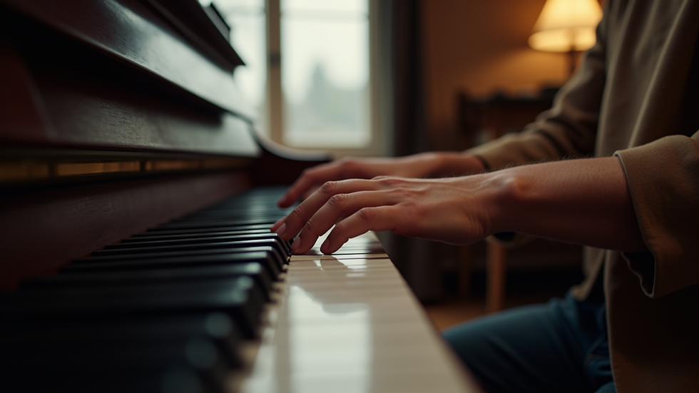 Close-up view of a person playing a piano with focused expression