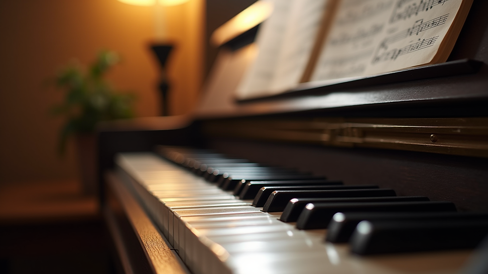 Close-up view of piano keys with sheet music in the background