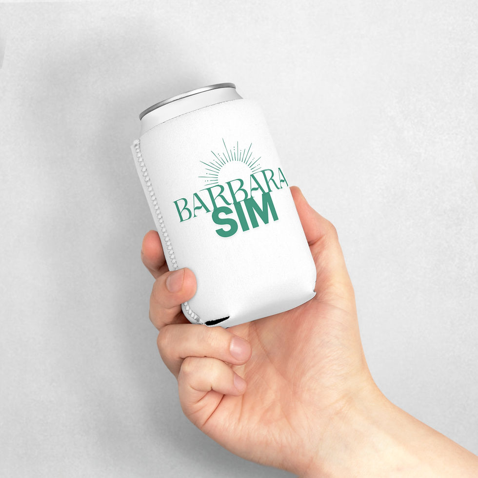 Thumbnail: Barbara Sim Music Merch | White and Turquoise | Neoprene Can Koozie