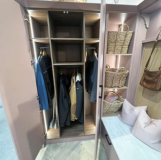 Boot room bench and open cupboard