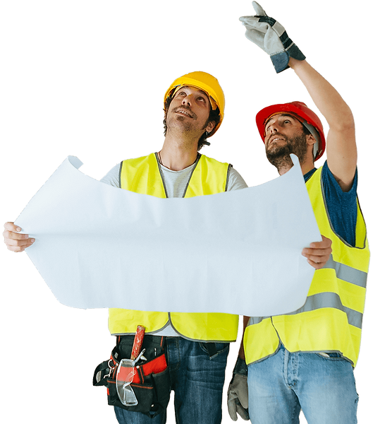 Two workers talking while holding blueprints
