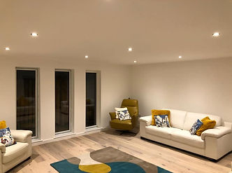 Home interior with slim vertical windows