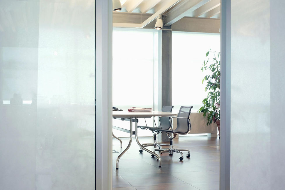 sandblasted partition wall in an office