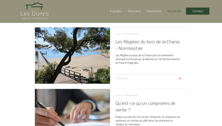 Screenshot showing the blog section of Les Dunes, used to enhance local SEO for Noirmoutier-en-Île.