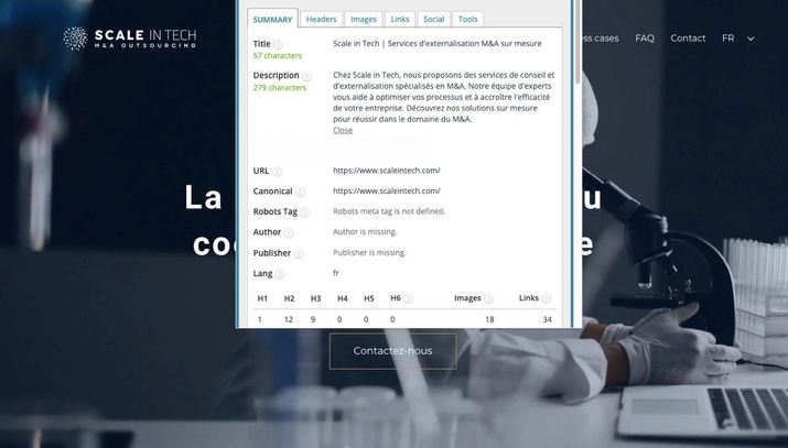 Screenshot of meta titles and meta descriptions optimized for the Scale in Tech website.