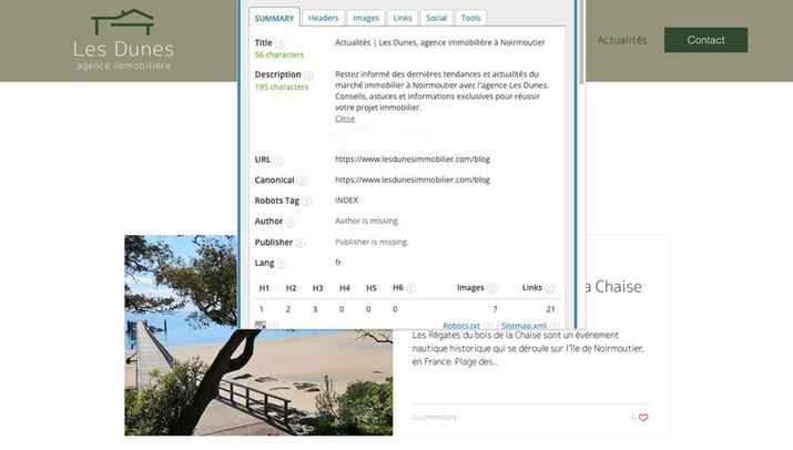 Screenshot showing optimized meta titles and meta descriptions for the Les Dunes website.
