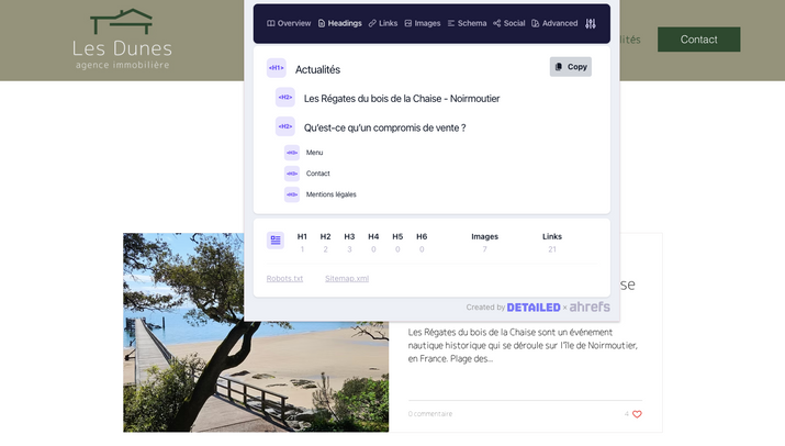 Screenshot showing HREF tags used on the Les Dunes website for page referencing and SEO structure.