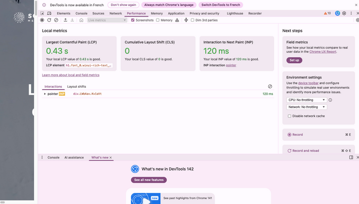 Core Web Vitals screenshot showing LCP 0.43s, CLS 0, and INP 120ms for the Scale in Tech website.