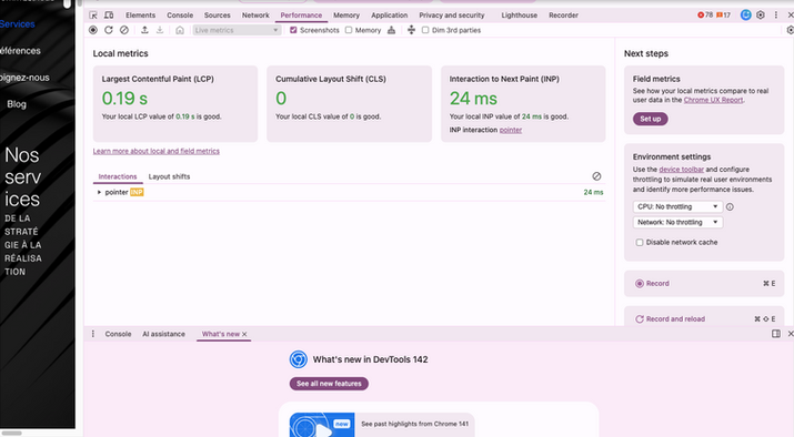 Core web vitals screenshot showing LCP 0.43s and CLS for the 39Advisory website.