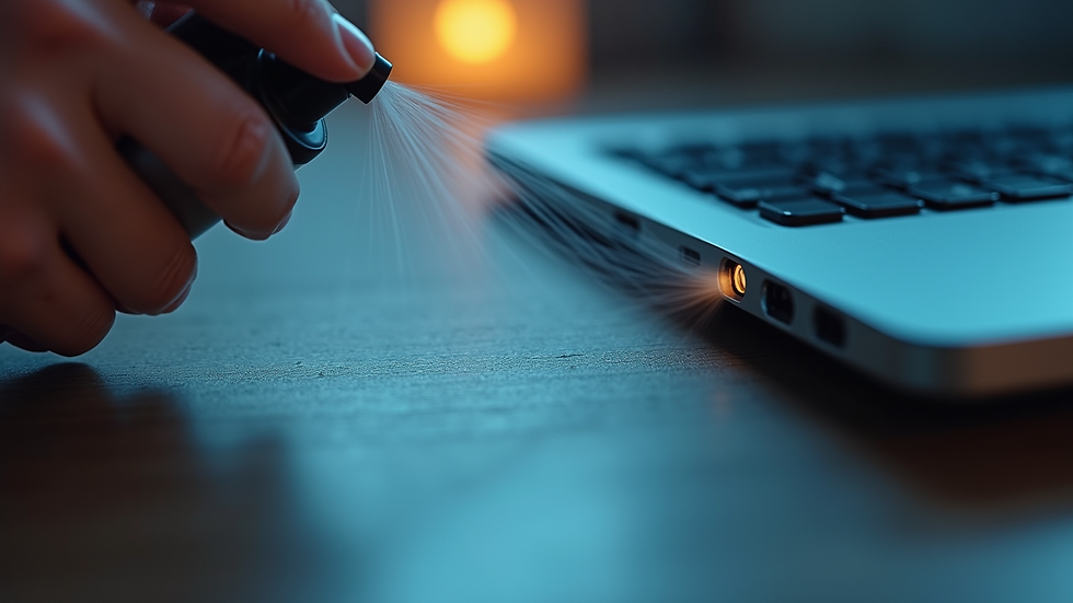 High angle view of laptop charging port being cleaned with compressed air