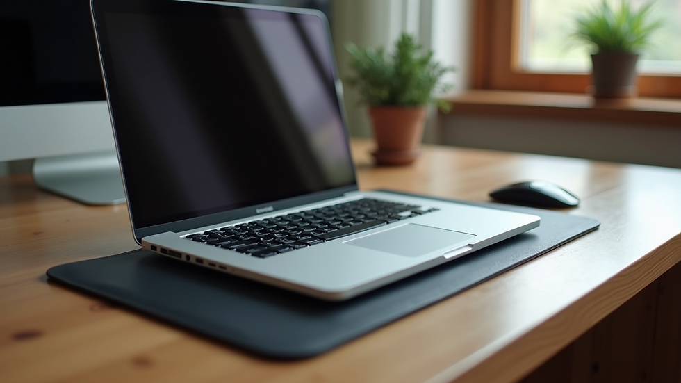 High angle view of laptop on a cooling pad on a wooden desk