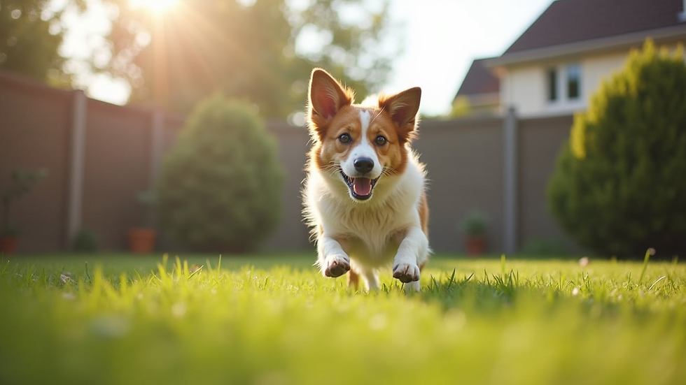 Eye-level view of a dog happily playing in a clean backyard