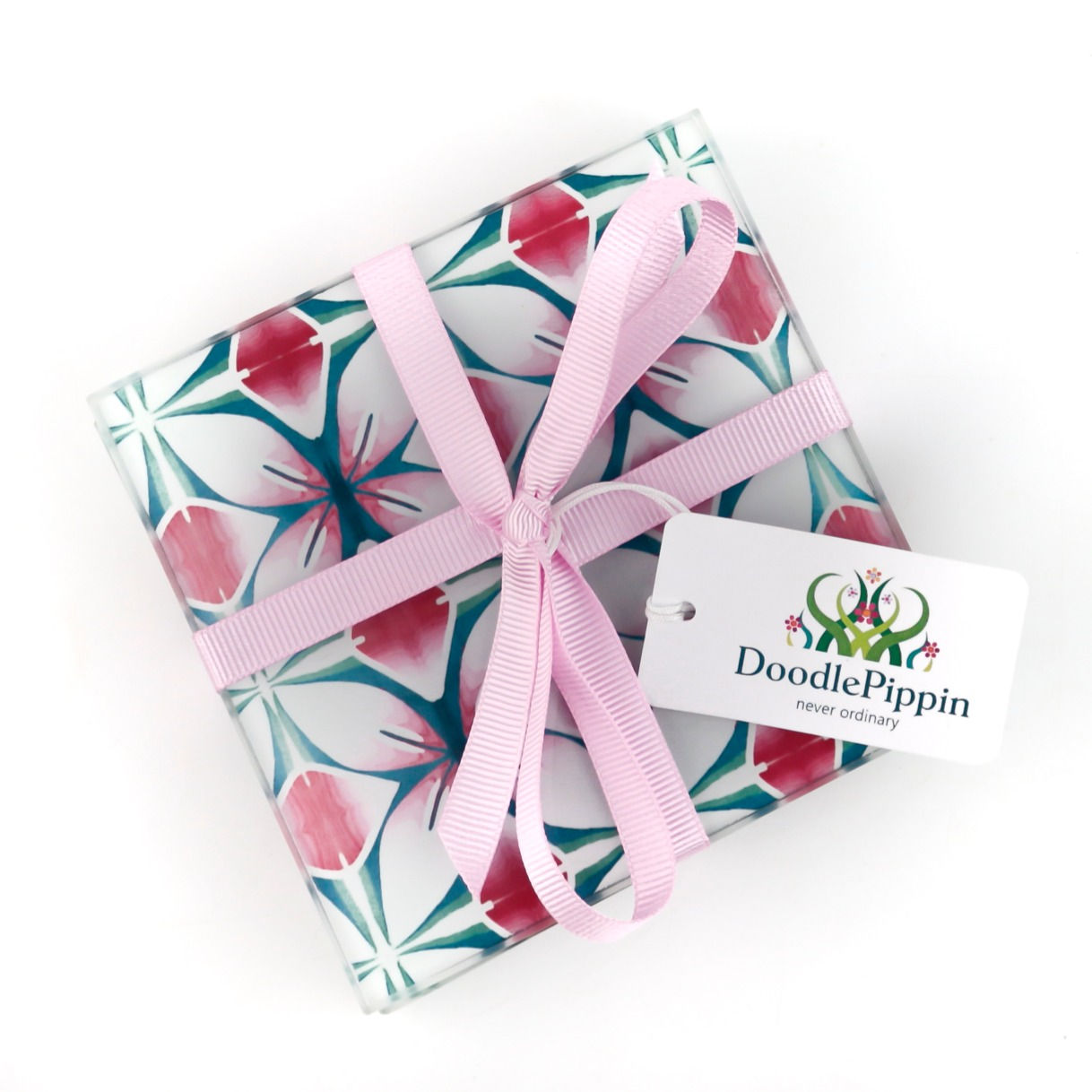 Pink teal flower coaster set, pink blue kitchen decor, glass coaster set