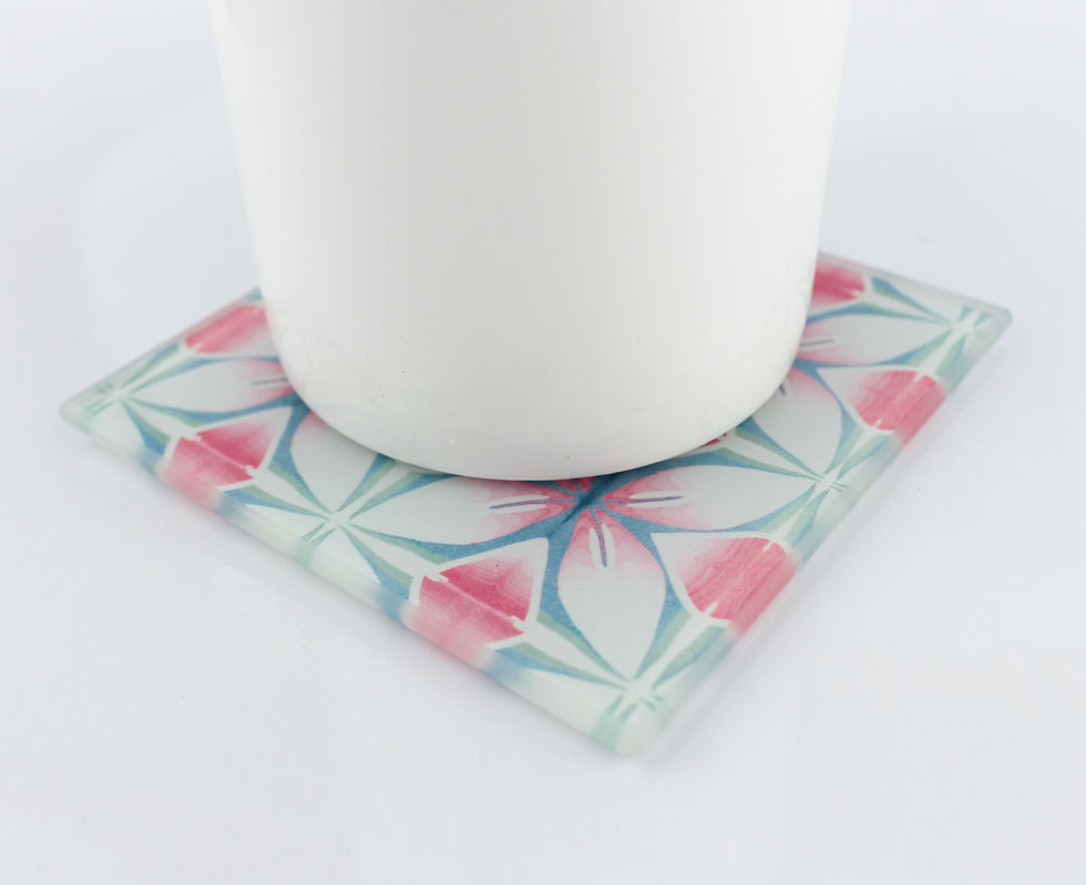 Thumbnail: Pink teal flower coaster set, pink blue kitchen decor, glass coaster set