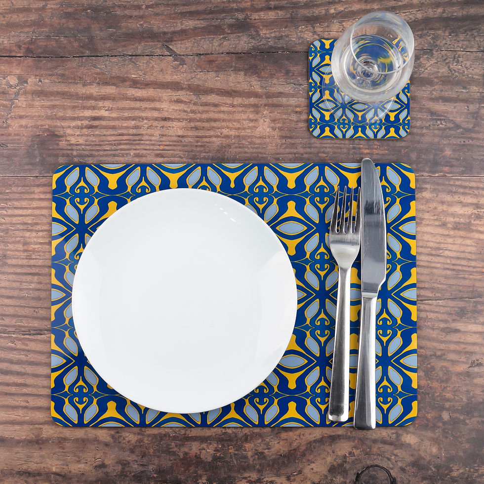 Thumbnail: Ikat Navy and Mustard Yellow placemat and coaster set