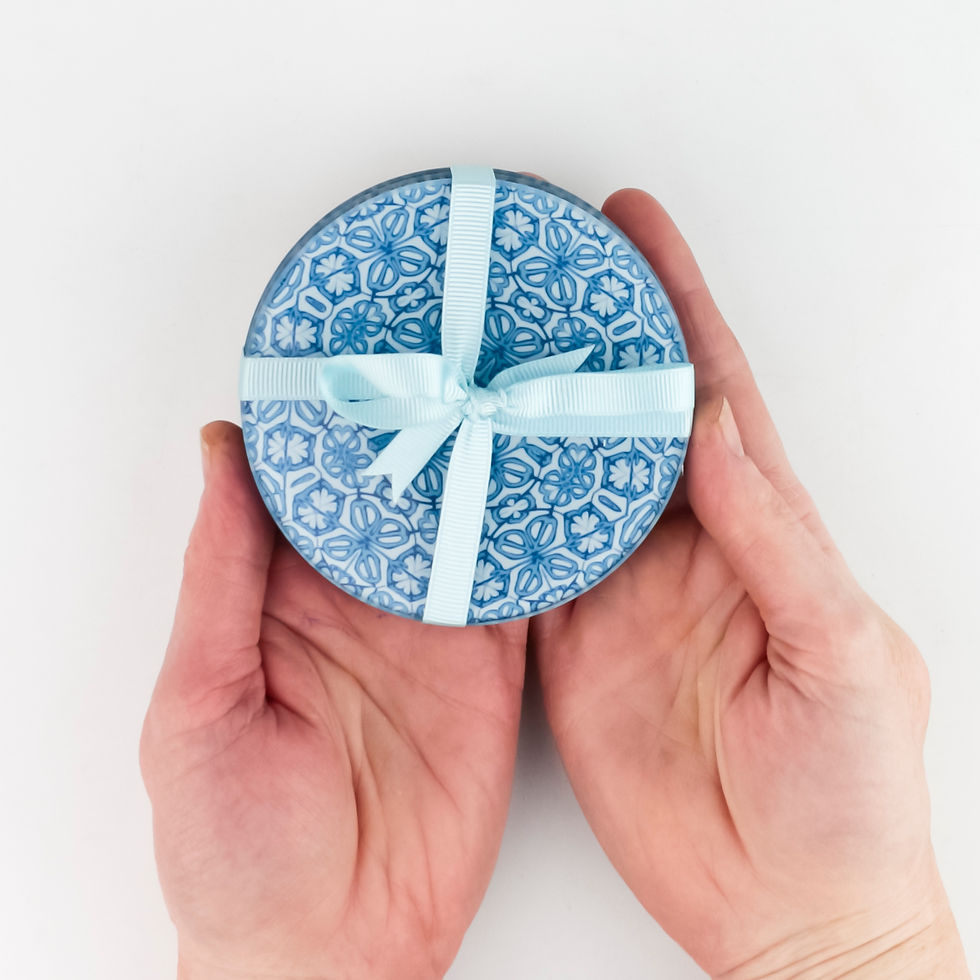 Thumbnail: Pretty blue and white coasters, millefiori pattern on heatproof glass