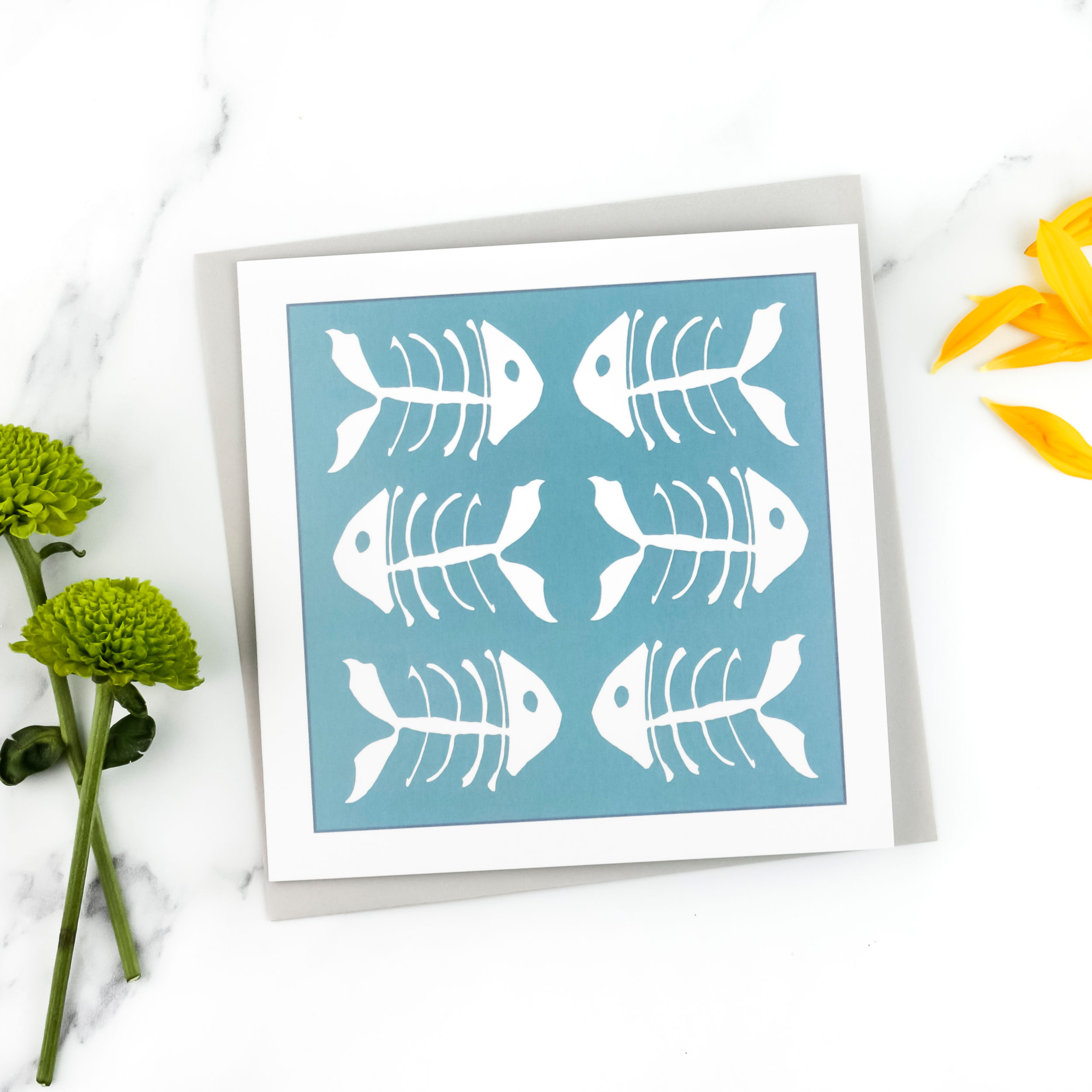 Teal and white Bonefish greetings card - 15cm square blank card