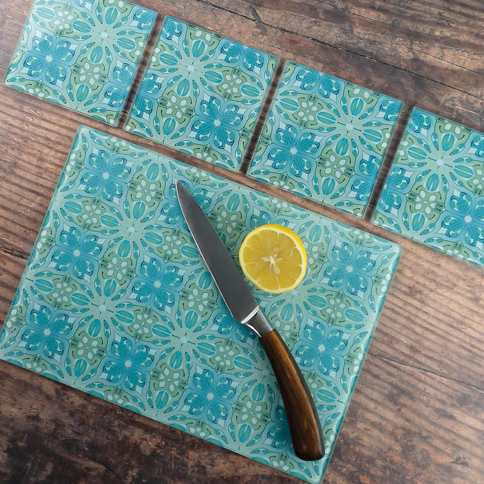 Thumbnail: Art Deco kitchen gift set - chopping board and four coasters