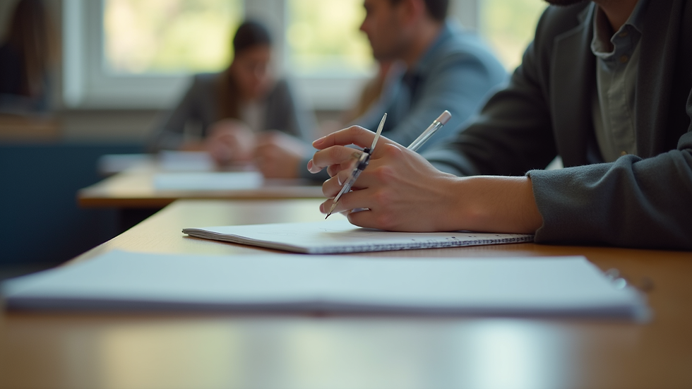 Eye-level view of a student writing notes in a quiet study room