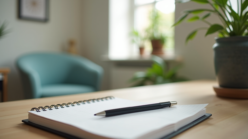 Close-up view of a counselor’s desk with a notebook and calming decor