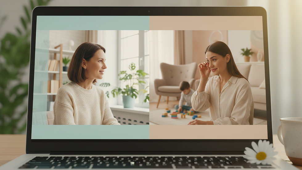 Close-up view of a laptop screen showing a video call with a therapist