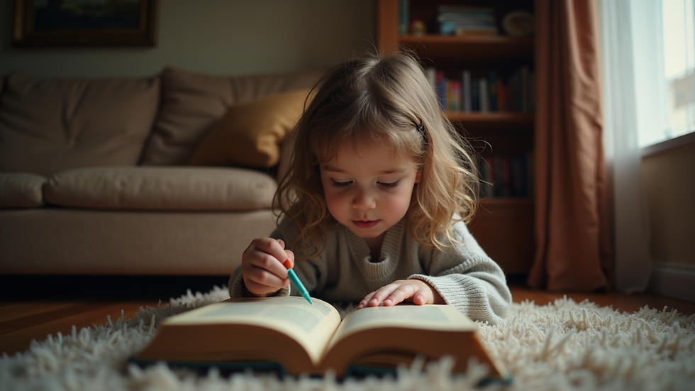 Eye-level view of a child reading a book in a cozy corner