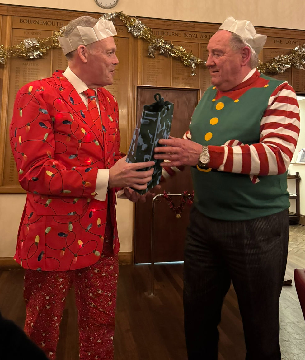 APGM W.Bro. Chris Lockwood (ELF!) & South West Area Tour Guide W.Bro. Geoff Cane-Richardson (GREAT SUIT!)