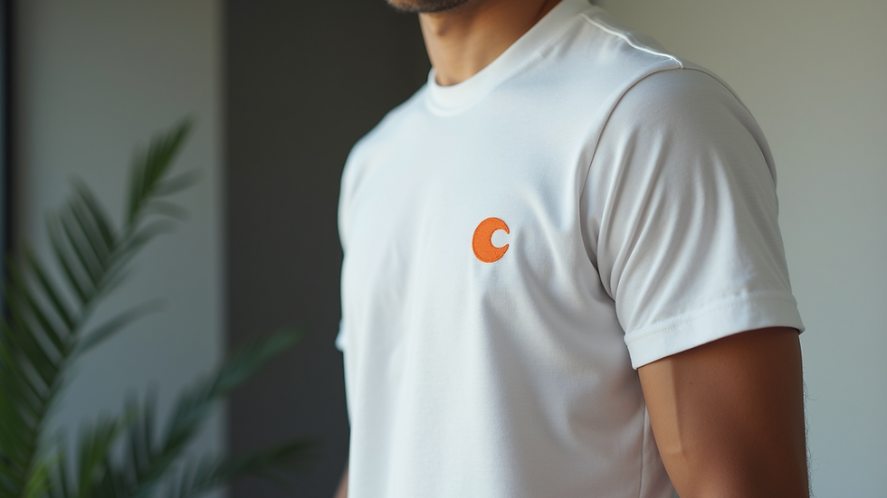 Eye-level view of a simple, minimalist shirt with a one color logo