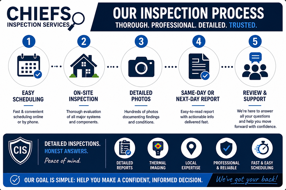 Chiefs Inspection Services infographic outlining the home inspection process including scheduling, on-site inspection, detailed photos, same-day reporting, and client support in Metro Atlanta.