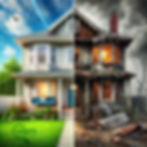Split-screen image of a single-family home showing a stark contrast between a well-maintained side with fresh paint, green grass, and clear skies, and a deteriorated side with cracked walls, boarded windows, overgrown weeds, and a stormy sky. Symbolizes the hidden issues that can be revealed during a professional home inspection