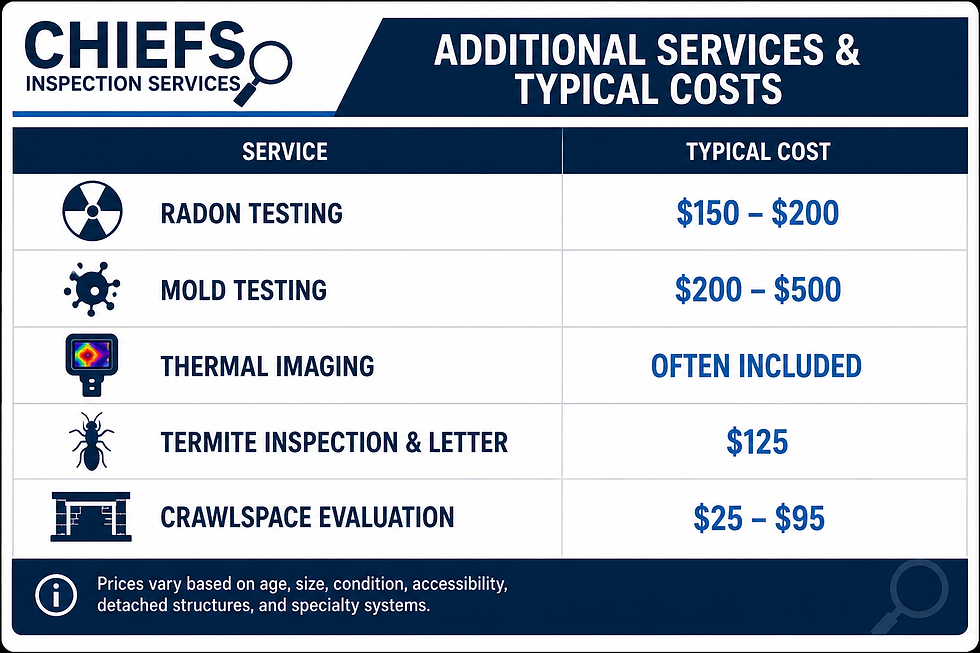 Chiefs Inspection Services infographic showing additional home inspection services and pricing in Stockbridge GA including radon testing, mold testing, thermal imaging, termite inspection and letter, and crawlspace evaluation.