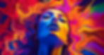 A woman's face bathed in vibrant blue, orange, and purple hues, eyes closed in a blissful orgasmic expression. Flowing, colorful abstract background. AI.