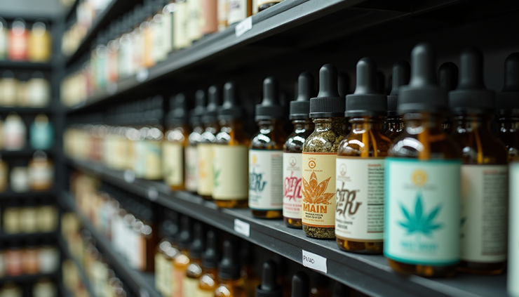 Eye-level view of a cannabis dispensary shelf displaying various cannabis products with potency labels