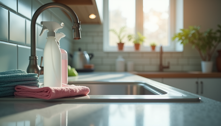 Eye-level view of a kitchen sink area with cleaning cloths and spray bottles