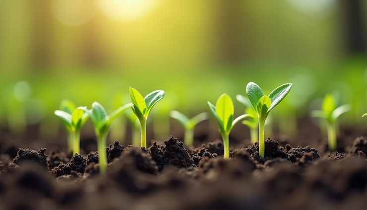 Eye-level view of fresh green sprouts emerging from soil in early spring