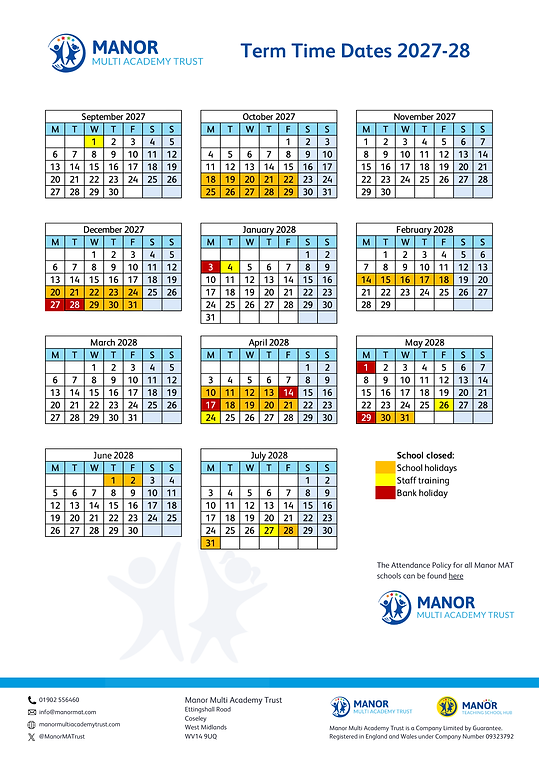 Manor Multi Academy Trust Term Time Dates 2027-28 calendar