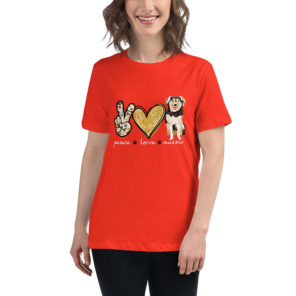Thumbnail: Peace Love Aussie  - White Letters - Red Tri  - Ladies Cut  - Relaxed Fit