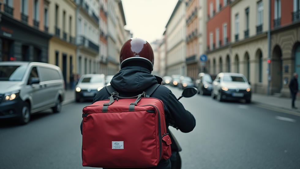 Vue en plongée d'un scooter de livraison avec un sac isotherme rouge