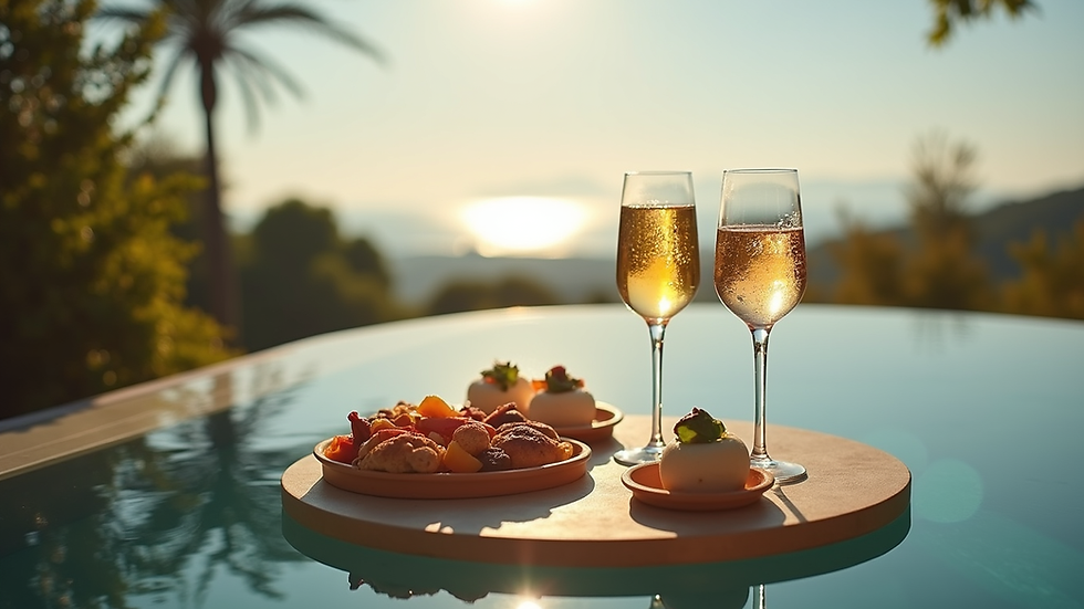 Vue en plongée d'un plateau apéro avec des verres et des amuse-bouches variés