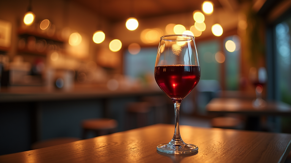 Vue rapprochée d’un verre de vin rouge posé sur une table en bois avec un fond flou de soirée conviviale