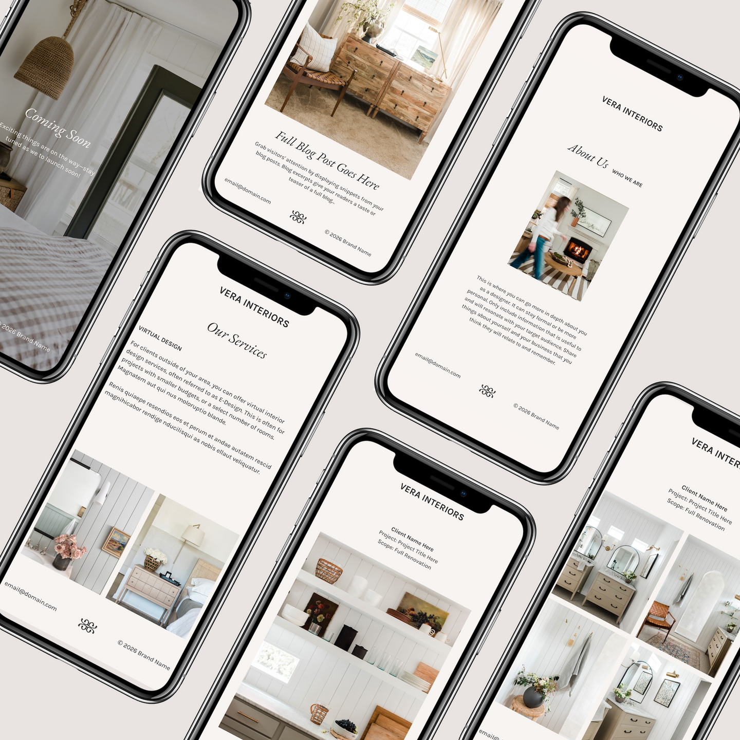 Several iPhone screens showcasing social media templates for interior designers